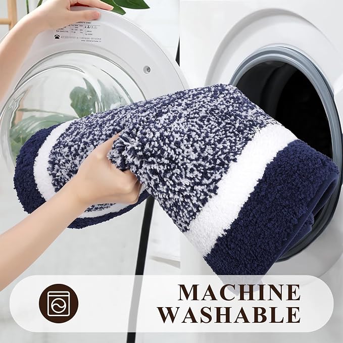 Pauwer 3 Piece Bath Mat Set, Non-Slip Plush Rugs, Absorbent Shaggy Set With U-Shaped Contour Toilet Mat for Bathroom, Bedroom, Living Room, Navy