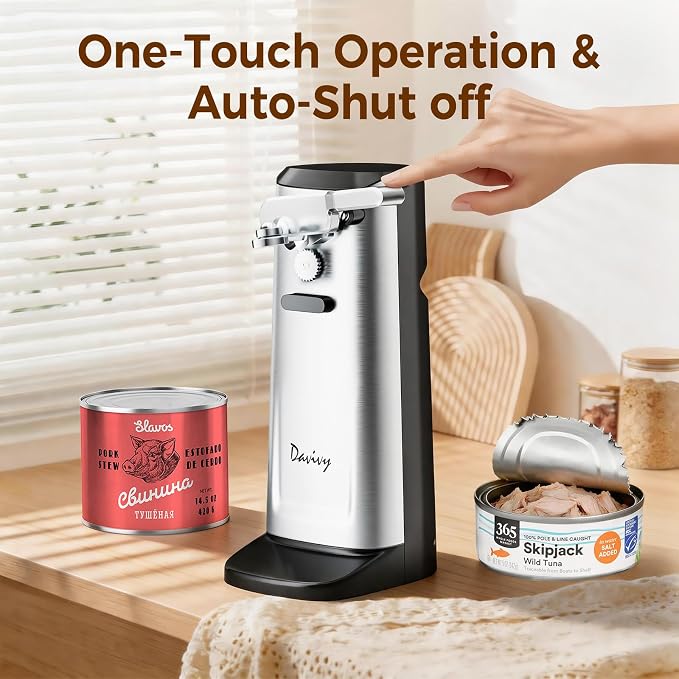 Davivy Electric Can Opener, One Touch Lid Opener, Removable Stainless Steel Cutter and 3-in-1 Design, with Sharpener and Bottle Opener (Stainless Steel-Black)
