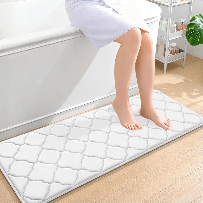 OLANLY Memory Foam Bath Mat Rug 47x17, Ultra Soft and Absorbent Bathroom Rugs, Non-Slip, Comfortable, Machine Washable Bath Carpet for Bathroom Floor, Tub, Shower and Home Decor Accessories, White