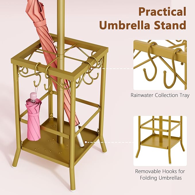 Hoctieon Coat Rack Freestanding, Coat Tree with Umbrella Holder, Metal Coat Rack Stand with 12 Hooks, Standing Coat Hanger Stand, Umbrella Stand for Entryway, Hat Rack Stand for Home Office, Gold