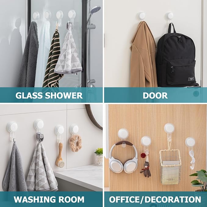 TAILI 4 Pack Powerful Suction Cup Shower Hooks for Towel, Loofah, 360° Rotatable Damage-free Hanging Versatile Wall Hooks for Inside Bathroom, Decoration, Removable Suction Holders, Easy to Use, Clear