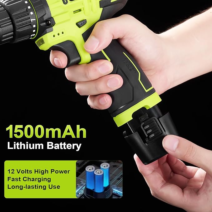 Cordless Drill Tool Set: 12V Power Drill Tool Kit with Battery & Charger, Portable Household Basic Drills Case for Men & Women, Homeowner, Diyer, Handyman, Electric Drill Set 142 Piece, Green