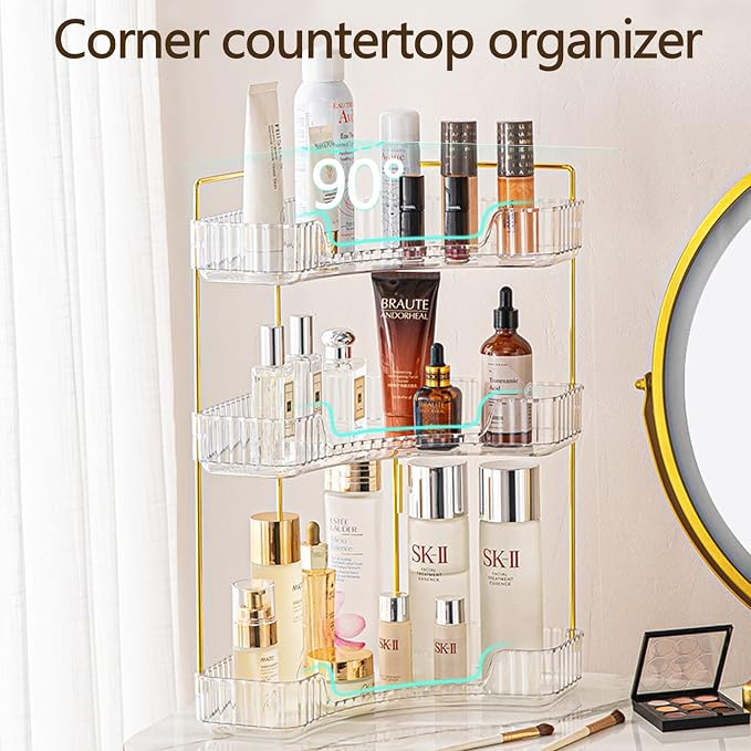 shuang qing 3-Tier Corner Bathroom Counter Organizer – Storage Shelf for Makeup, Perfume & Skincare, Space-Saving Countertop Tray Fits Bathroom, Dresser, Kitchen (White)