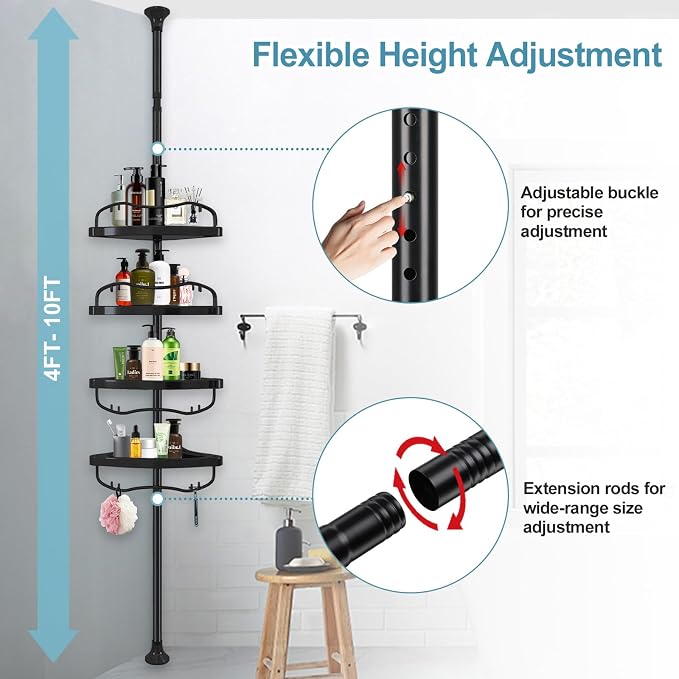 Corner Shower Caddy Tension Pole, Rustproof Bathtub Storage Organizer with 4 Adjustable Shelves, Bathroom Shower Rack Shampoo Holders for Inside Shower, 40"-120" Floor to Ceiling Shower Caddy Black