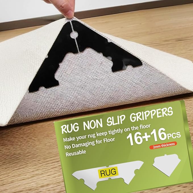 32 PCS Carpet Tape, Non Slip Rug Corner Pads for Hardwood Tile, No Residue | Reusable Removable Double Sided Adhesive,Secures Area Rug Corners,Fits Laminate LVP Floors,Rug Stickers,No Floor Damage