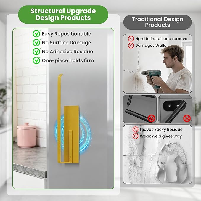 Paper Towel Holder Gold, Magnetic Paper Towel Holder for Fridge, Toilet Paper Roll Holder Magnet Paper Towel Rack Wall Mount Fridge Organizer for Golden Bathroom Kitchen Dorm Room RV Essentials, 2Pack