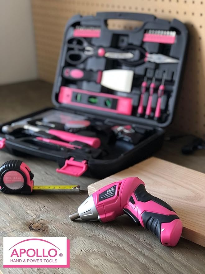 Apollo Tools 135 Piece Household Pink Hand Tools Set with Pivoting Dual-Angle 3.6 V Lithium-Ion Cordless Screwdriver - DT0773N1