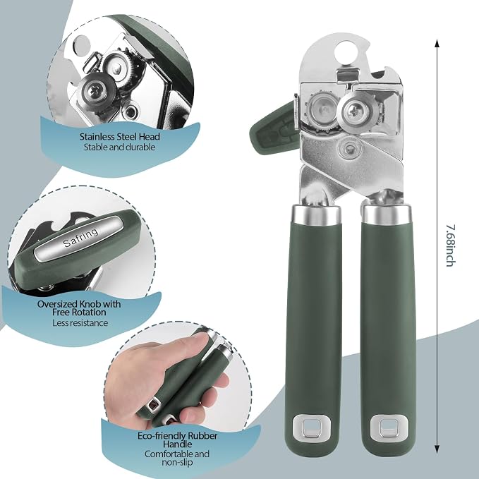 Safring Can Opener Manual, Heavy Duty Handheld Strong Can Opener with Soft Touch Handle, Sharp Blade Smooth Edge, Can Openers with Multifunctional Bottle Opener, Hunter Green