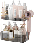 shuang qing 2 Tier Bathroom Counter Organizer with Hair Dryer Holder, Hair Tool Countertop Storage, Cosmetics Skincare Shelf, Makeup Organizer Perfume for Dresser Vanity Tray - Grey