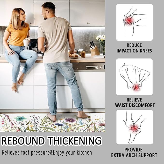 Bulijojo Wildflower Floral Anti Fatigue Kitchen Floor Mats Set of 2 Waterproof Kitchen Sink Runner Rug Standing Mat Cushioned Kitchen Rugs Comfort Doormat 17"x47"+17" x30“