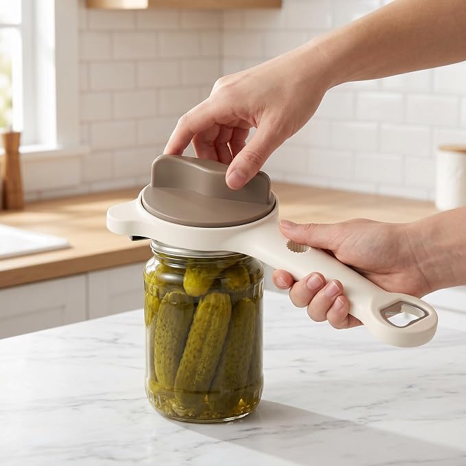 4 in 1 Multi-Purpose Jar Opener, Magnetic Stainless Steel with Ergonomic Handle, Multi-Size Lid Tool for Jars, Cans Wine, Ideal for Seniors, Arthritis and Weak Hands (Beige)