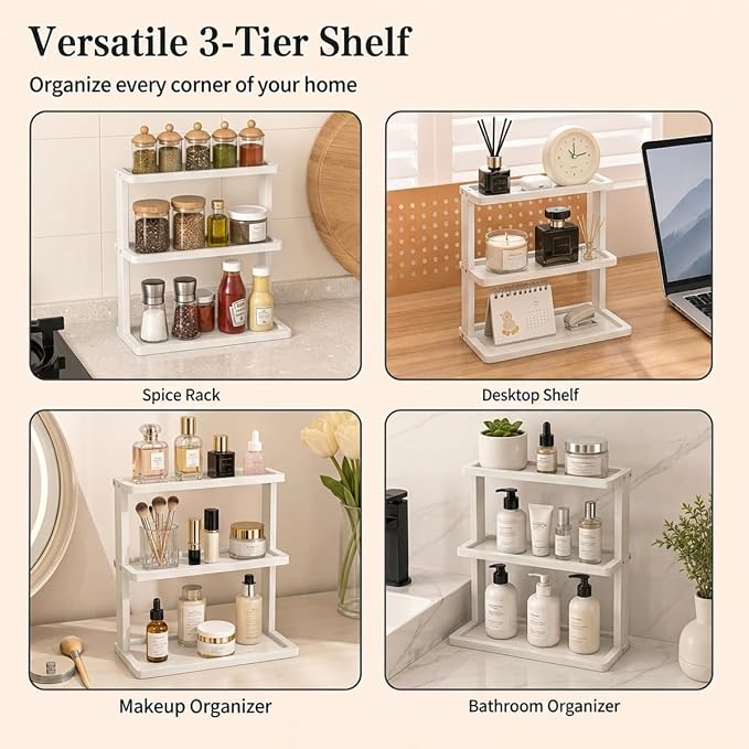 PEKER Bamboo Bathroom Organizer Countertop – Vanity Storage Shelf for Makeup, Perfume, Skincare – Natural Cosmetics Display Rack for Dresser, Sink, Kitchen – White