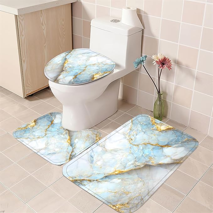 Nkzply 4 Pcs Blue Marble Shower Curtain Set White Bathroom Sets with Shower Curtain and Rugs Gold Modern Abstract Bathroom Decor Accessories Bathroom Rugs Toilet Lid Cover with Hooks