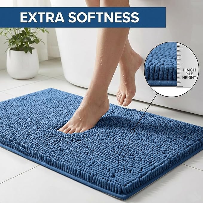 Bathroom Rugs Sets 2 Piece,Super Absorbent Chenille Bath Mats and U-Shaped Toilet Rug,Strong PVC Non Slip Backing,Microfiber Washable Dry Quickly Bath Mats for Bathroom(20"x32"+20"x20"U, Medium Blue)