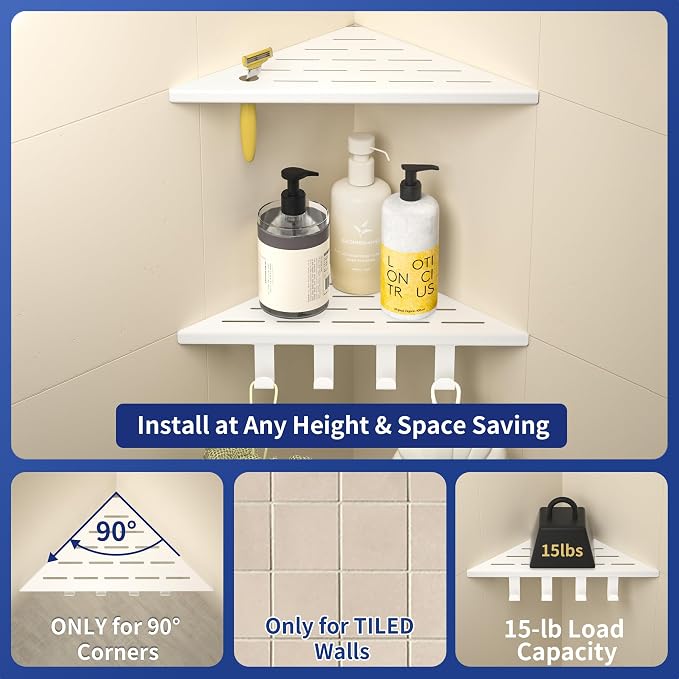 Corner Shower Shelf w/Hooks, Grout in Bathroom Shelves for Tiled Wall, 304 Stainless Steel Recessed Shower Shelf (Matte White, 10''-2pcs)