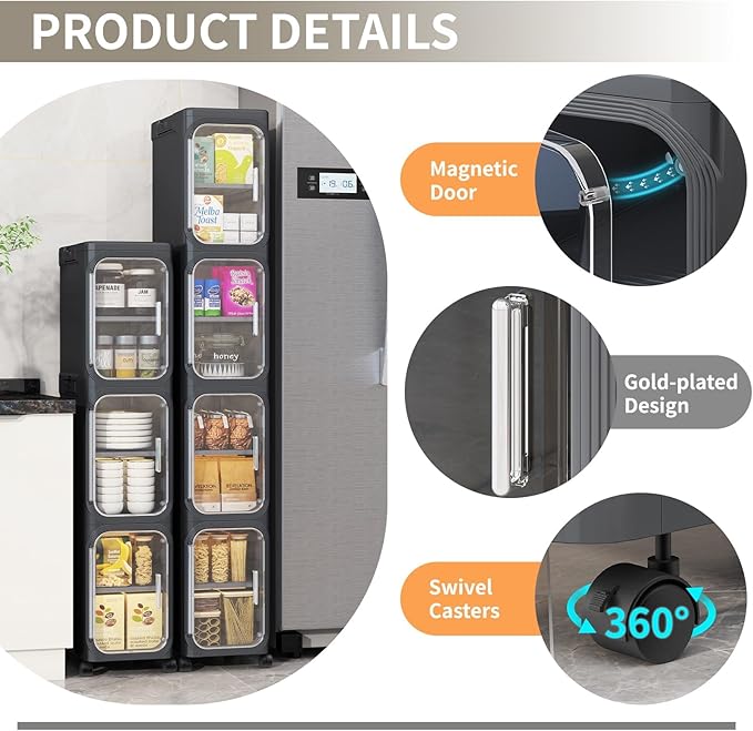 3-Tiers Slim Bathroom Storage Cabinet, Foldable Storage Cabinets,Narrow Bathroom Storage,Movable Bathroom Storage Organizer for Small Spaces,Bathroom,Kitchen,Laundry, Black