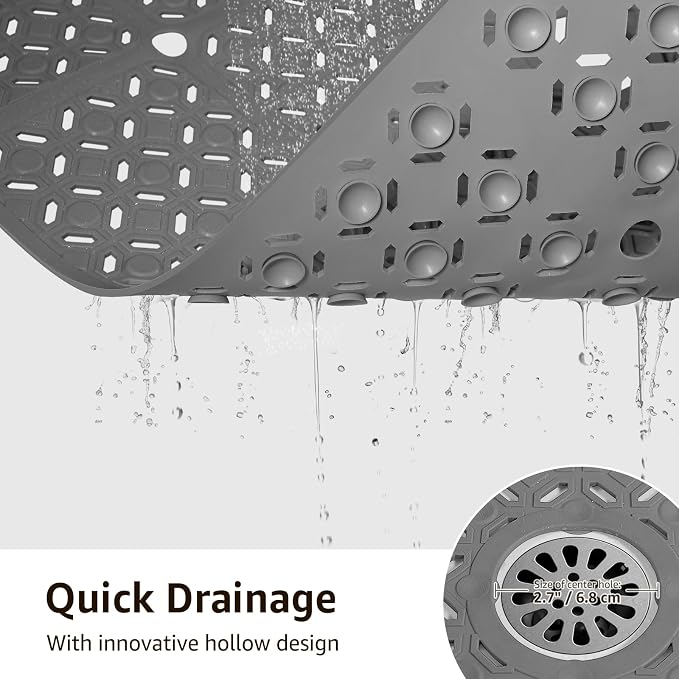 Yolife Square Shower Mat, 27" x 27" Large Shower Mat with Center Drain Hole, Soft TPE Non Slip Shower Mats for Inside Shower with Suction Cups, Anti Slip Washable Shower Floor Mat, Dark Grey