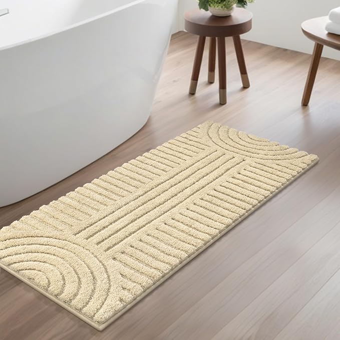 SHACOS Super Soft Bathroom Runner Rugs 24"x60" Non Slip Boho Bath Mats Microfiber Absorbent Carpet for Bath Room Machine Washable Shaggy Bath Rugs for Shower Bathtub Home Decor, Beige 2' x 5'