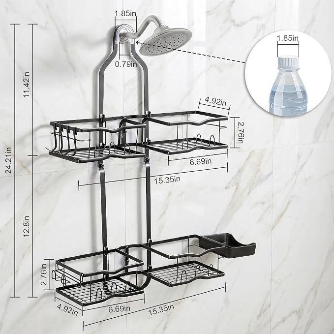 Shower Caddy Hanging Organizer, Rustproof Shower Organizer Hanging for Handheld Showerhead with Hooks for Razor/Sponge, Bathroom Caddy Rack Shower Shelves for Shampoo Soap Towels, Black