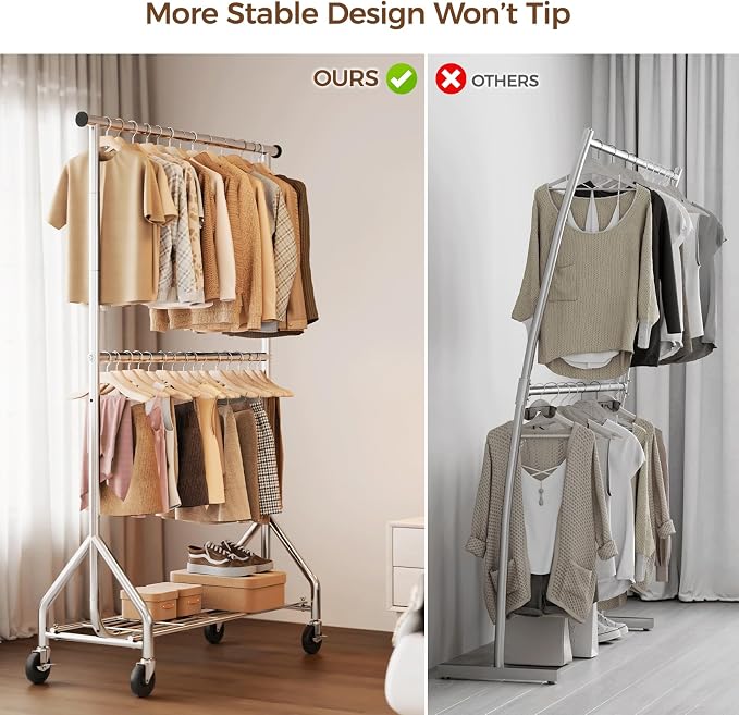 HYSEYY Heavy Duty Clothes Rack, Double Rod Clothing Rack for Hanging Clothes, Rolling Garment Rack, Adjustable Freestanding Wardrobe Closet Coat Rack for Bedroom Laundry Living Room, Silver