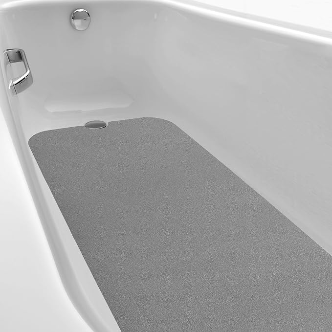 Dunzoom 16" x 40" Non Slip Bathtub Mat with Drain Cut Out Non Skid Safety Bath Mat Adhesive Peel and Stick Bath Tub Mat Arc Angle PEVA Tub Anti Slip Stickers for Shower Floor Wet Areas (Light Gray)