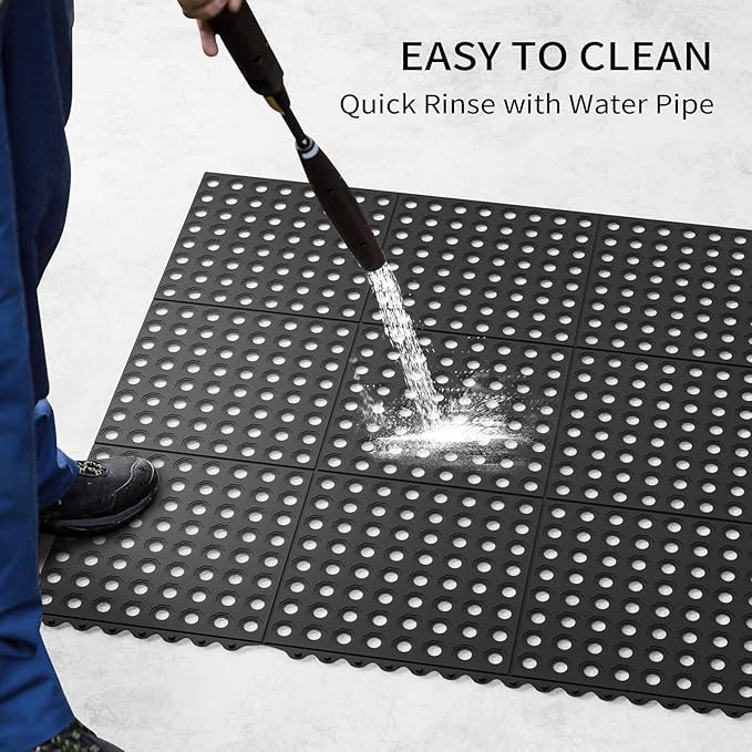 ROVSUN Rubber Floor Mat with Holes, Anti-Fatigue/Non-Slip Drainage Mat, for Industrial Kitchen Restaurant Bar Bathroom Utility Garage Pool Entry Door Mat, Indoor (36'' x 36'' Black 4Pcs)