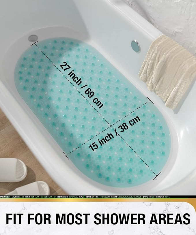 HITSLAM Oval Bathtub Mat Non Slip, 27x15 Inch Bubble Bath Tub Mat for Bathroom, Machine Washable Shower Mat with Suction Cups and Drain Holes, Green