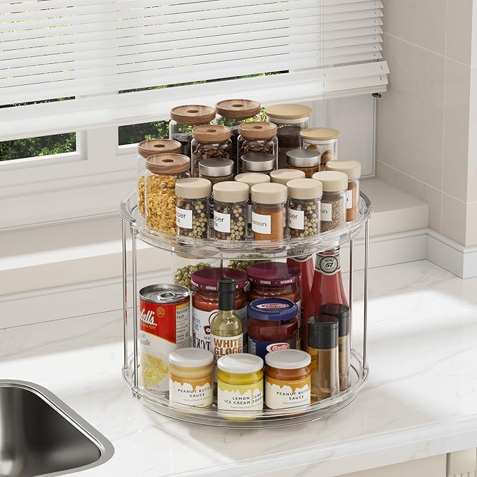 LAMU 2Pack 2 Tier Lazy Susan Organizer 12 inch Large Lazy Susan Turntable Rotating Spice Rack Organization for Cabinet, Kitchen, Pantry, Countertop, Bathroom, Vanity, Medicine Cabinet Organizer, Clear