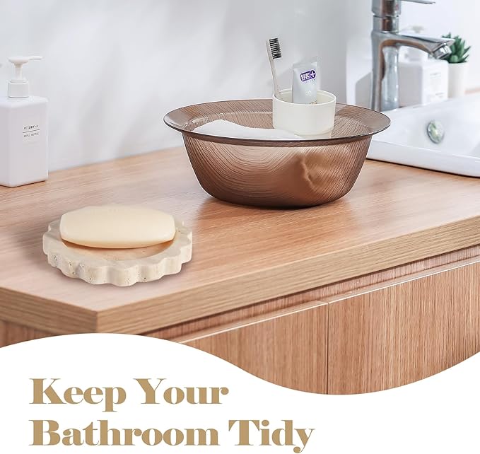 Koville 5.51" Travertine Tray, Natural Stone Trinket Dish for Ring Perfume, Round Scalloped Decorative Tray for Bathroom Vanity Dresser Countertop, Home Table Decor