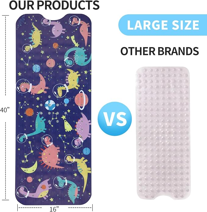 Bath Tub Shower Mat Non Slip Kids Bathtub Mat Anti Slip Baby Bath Mat for Tub 40 x 16 Inch Extra Long Toddler Bath Mat with Suction Cups and Drain Holes for Bathroom Floor,Space Dinos