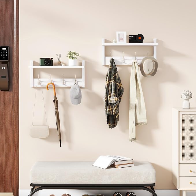YMYNY Coat Rack Shelf Wall Mounted, Coat Hooks Set of 2, Entryway Coat Hanger with 4 Double Hooks, 31.5" Wall Floating Shelf with Hat Rack, for Kitchen, Bedroom, Bathroom, White UHWS001W-2