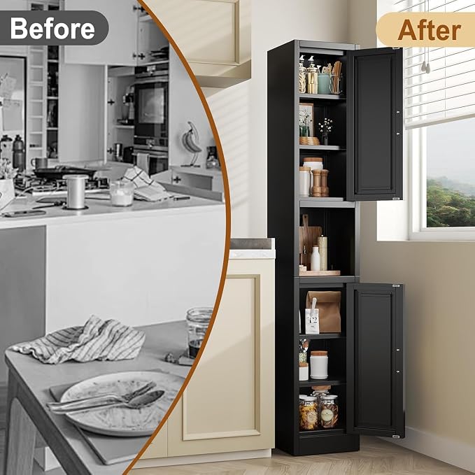 Tall Metal Narrow Bathroom Storage Cabinet 67" H, Tall Black Pantry Cabinets with 4 Adjustable Shelves and 2 Doors for Kitchen, Home Office, Living Room, Dining Room(11.8 inches Wide)