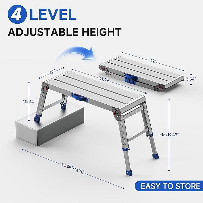 Loyoda Work Platform for Adults, Aluminum Foldable Long Step Stool Adjustable Height, Lightweight and Durable Portable Outdoor Aluminum Step Ladder, Maximum Load Capacity of 800 Pounds.