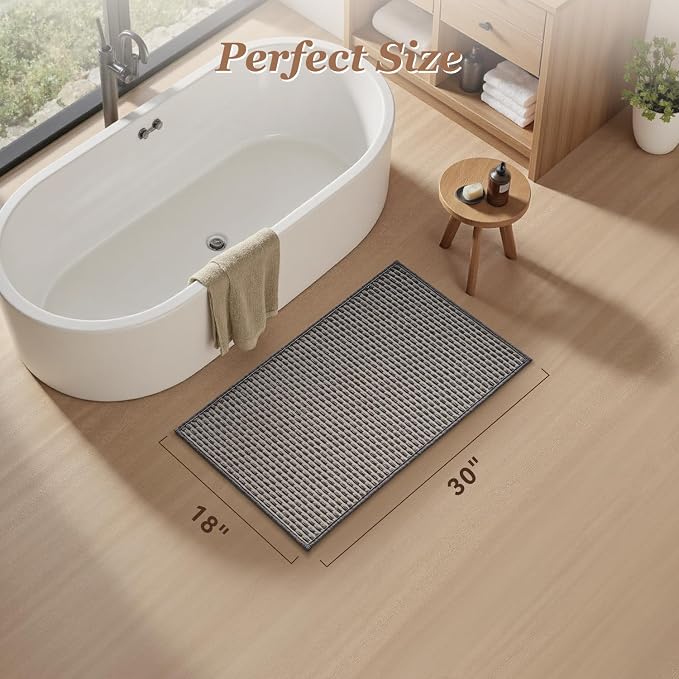 AMOAMI Unique Woven Bath Mat, Super Absorbent Non Slip Bath Mats for Bathroom Floor Textured Bathroom Mat Quick Dry Washable Boho Thin Bathroom Rugs for Beside Tub, 18" x 30", Grey