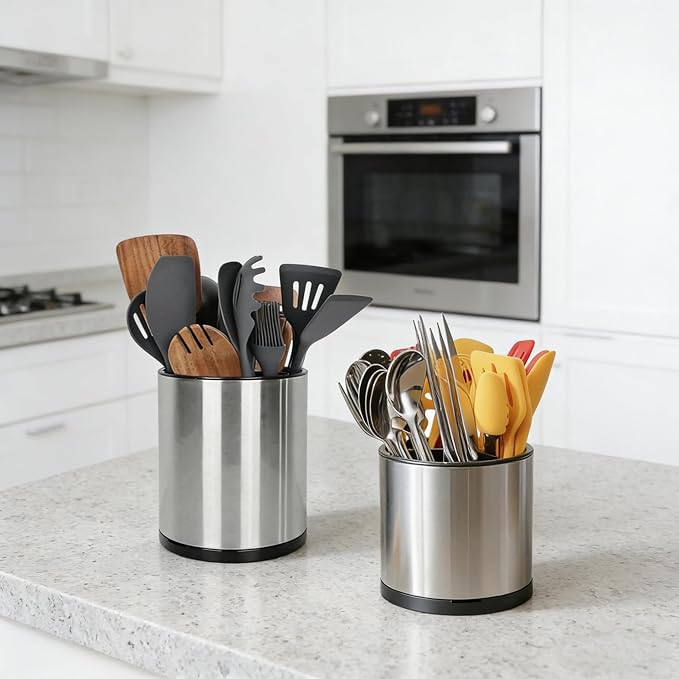 Nigelia Set of 2, Extra Large Kitchen Utensil Holder, 360° Rotating Stainless Steel Cooking Utensil Holder for Countertop, 3 Compartment Flatware Organizer (Silvery)