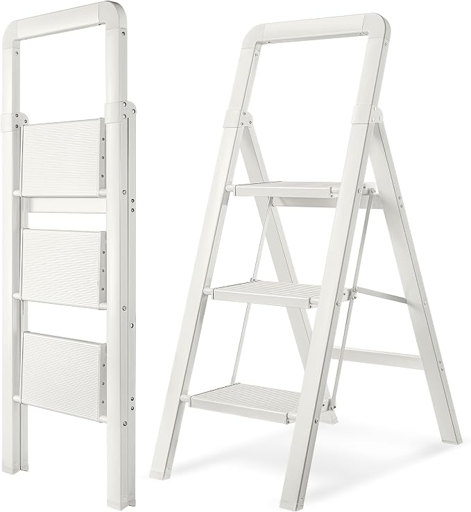Step Ladder 3-Step White Finish Aluminum Folding Ladders