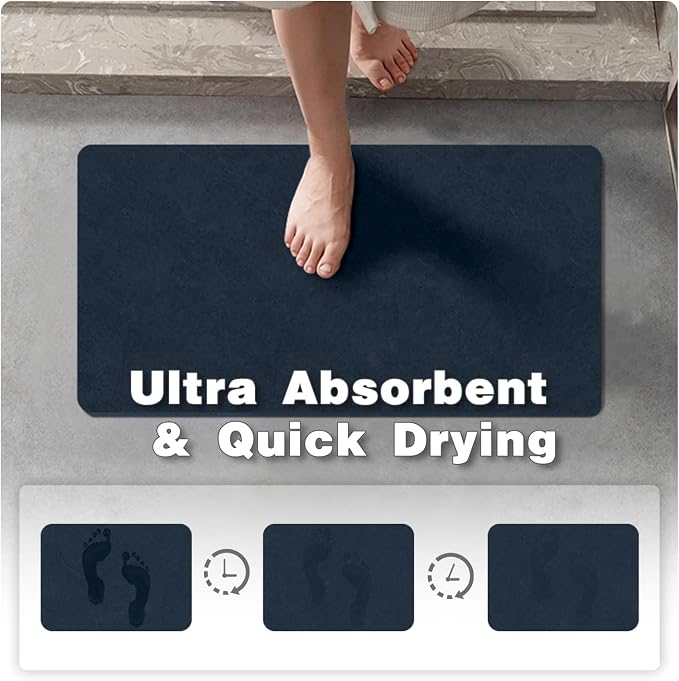 TYUU Bathroom Mat Quick Dry, Bathroom Rugs Non Slip Washable Thin Absorbent Bath Mat Fits Under Door Bathroom Floor Mat Perfect for Bath, Shower, or Sink 16"x24" Navy Blue