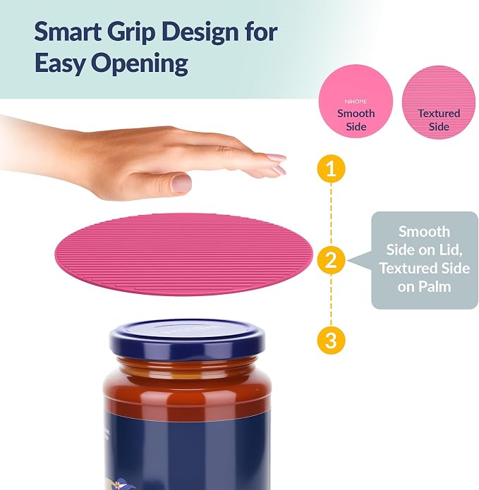 NIHOME Silicone Jar Opener – 6 Inch Large Anti-Slip Grip Pads, Premium 100% Food-Grade Silicone, Stylish Designer Colors, Multi-Purpose Heat-Resistant Mat & Coaster, Set of 4 (pink series)