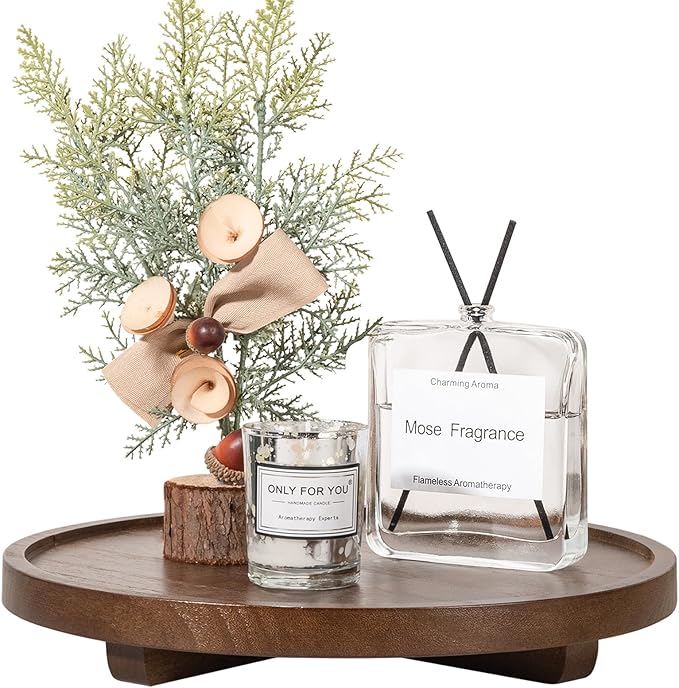 Round Decorative Tray Wood Bathroom Counter Organizer Farmhouse Kitchen Decor Wooden Riser for Soap Dish, Perfume, Candle, Sponge, 11" - Walnut