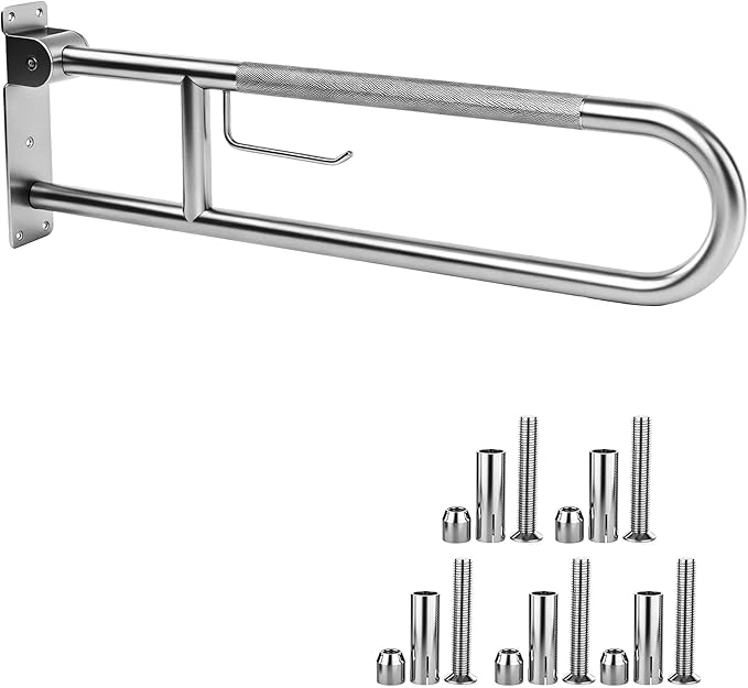 30.3 Inch Toilet Grab Bar, HUAS Chrome Anti Slip Bathroom Toilet Safety Rails, U Shaped Flip-Up Handicap Grab Bars w/Paper Holder, Stainless Steel Support Handrail for Elderly Disabled Senior