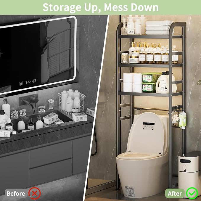 PureBox Over The Toilet Storage, Enhanced Oval Tube Heavy Duty Bathroom Shelf Organizer, Freestanding Metal Toilet Storage Cabinet with Suction Cups for Fastening, 3-Tires Over The Toilet Rack (Grey)