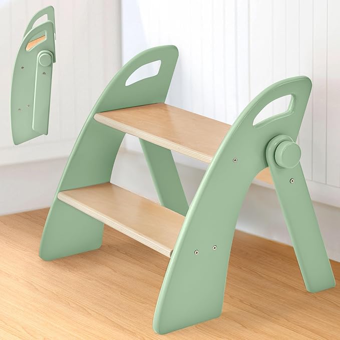 Wooden 2 Step Stool for Toddlers, Foldable 2-Step with Non-Slip Pads and Handles, Bamboo Step Stool for Kids Bathroom Sink and Potty Training, Kitchen Helper, Nursery Bedroom (Green)