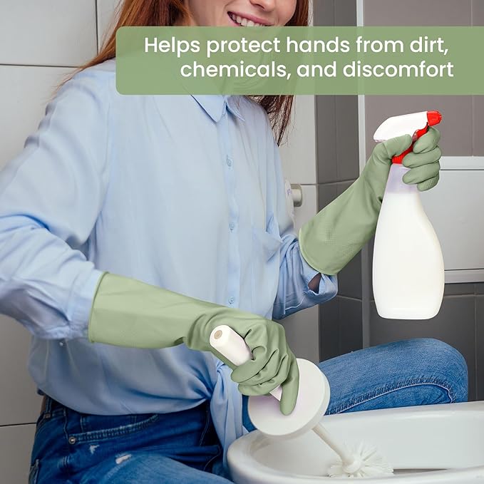 Rubber Cleaning Gloves for Dishwashing, 4 Pairs Reusable Kitchen Gloves for Washing Dishes and Household Cleaning, Green Dish Gloves with Flocked Lining and Non-Slip Grip, Pefect for Woman Men - S