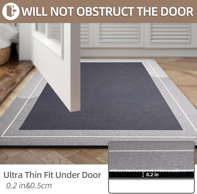 Large Bath Mat Rug, Rubber Non Slip Bath Mat Super Absorbent Quick Dry Bathroom Floor Mat Thin Bathroom Rugs Fit Under Door-Shower Rug for in Front of Bathtub Shower, Grey, Easy to clean, 23.6"x35.4"