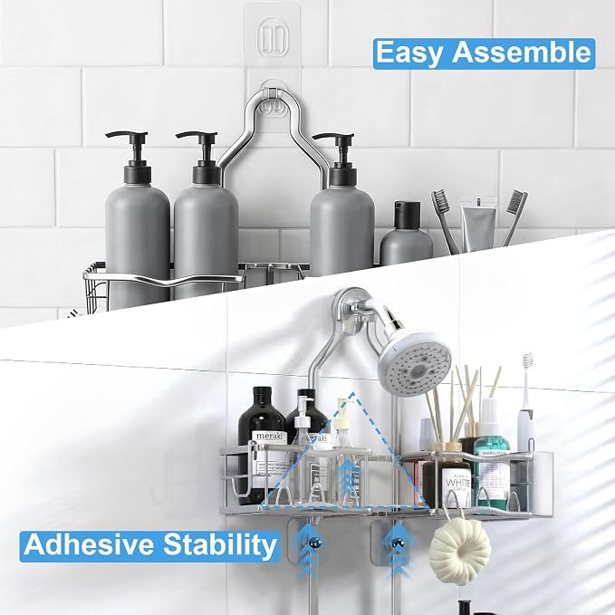 Shower Caddy Hanging Organizer, Rustproof Shower Organizer Hanging for Handheld Showerhead with Hooks for Razor/Sponge, Bathroom Caddy Rack Shower Shelves for Shampoo Soap Towels, Silver