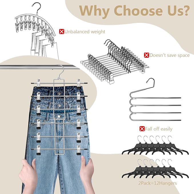 Pants Hangers with Clips,Space Saving Hanging Closet Organizer-6 Tiers Skirt Hangers with 360° Swivel Hook,Closet Organizer-Clothes Hangers