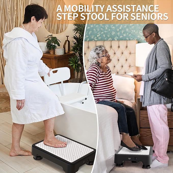 Ronlap One Step Stools for Adults, Portable Safety Step Platform for Seniors Small Plastic Bedside Step Stool Mobility Wide Step Stools Elderly Assistance for Shower Bed Car Stair Outdoor, Black-White