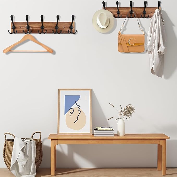 Kuhome Coat Rack Wall Mount Wooden Hat Rack for Wall Hooks Pine Real Wood Plank 16.9" Brown Coat Hanger with 5 Triple Hooks for Hanging Coat Hat Jacket
