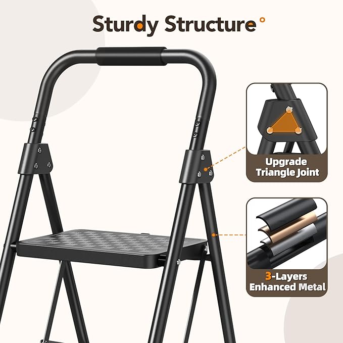 HBTower 3 Step Ladder, Heavy Duty Step Stools for Adults, Safe-Lock Design & Handrail, Step Stool Foldable with Anti-Slip Pedal and Feet, Ladders for Home Kitchen Garage Outdoor, 330 Lbs, Black