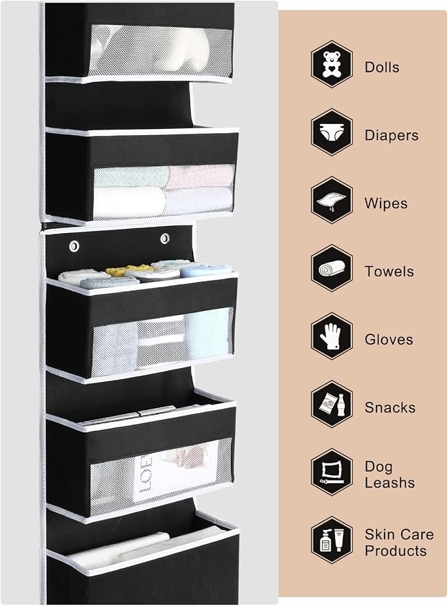 Yecaye 6-Tier Over The Door Storage Organizer, Flexible 1 Split into 2 Swing-Proof Hanging Bathroom Organizer, Bedroom Organizers and Storage for Newborn Baby Essentials, Black